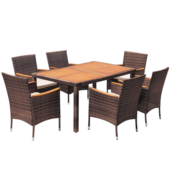 Dining 7 PCS Furniture, Patio Conversation Set with Acacia Wood Table Top, Outdoor