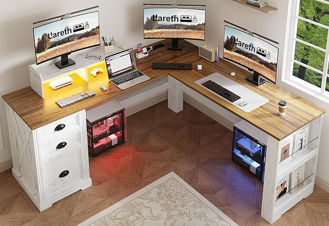 L Shaped Desk with Monitor Stand Farmhouse Computer Desk