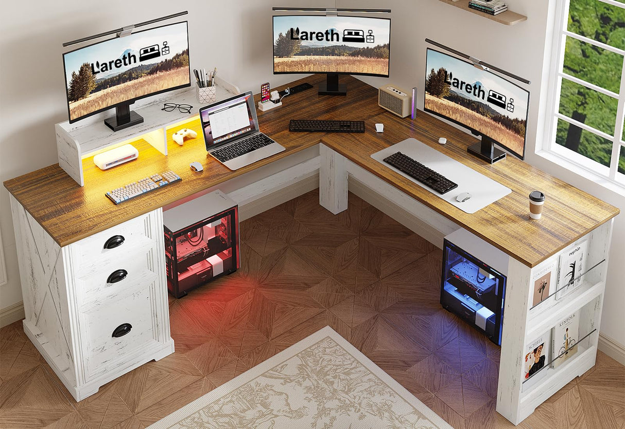 L Shaped Desk with Monitor Stand Farmhouse Computer Desk
