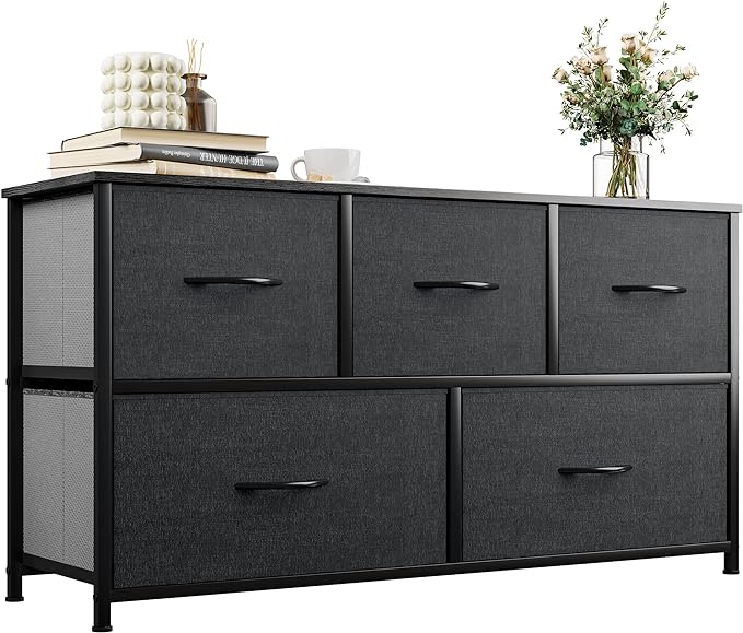 Wide Storage Tower with 5 Drawers - Fabric Dresser, Organizer Unit for Bedroom