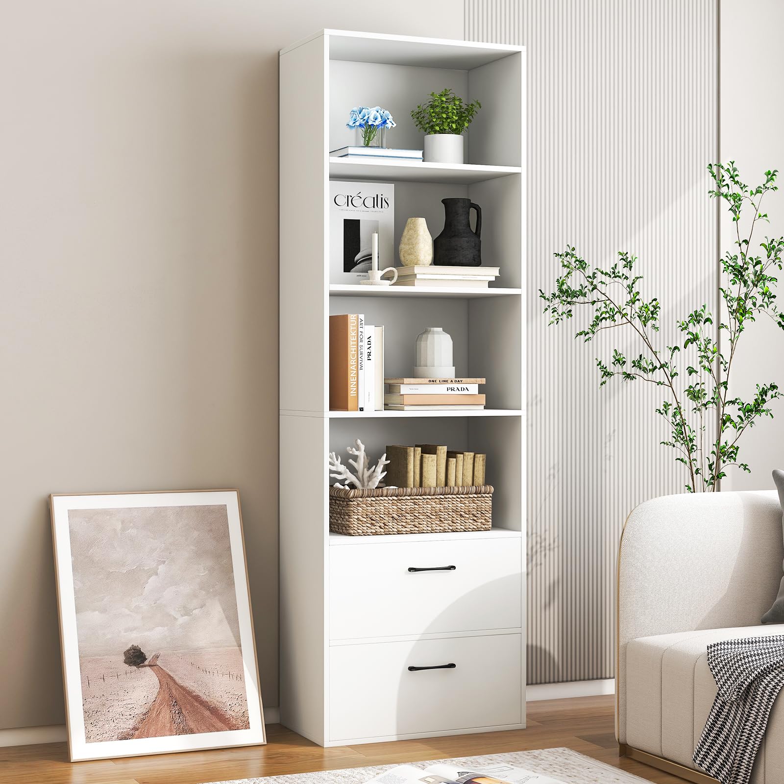 Bookcase with Drawers, Tall Bookshelves and Bookcases, Vertical Bookshelf Tower, Wood