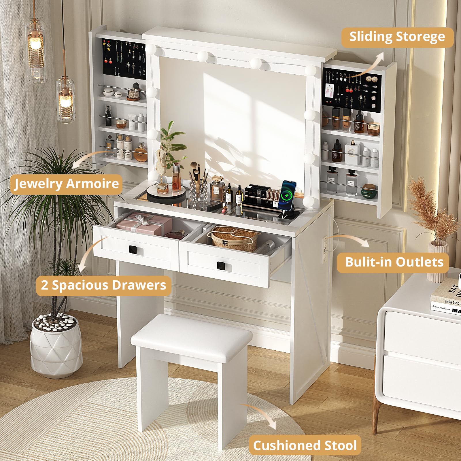 SMOOL Farmhouse Vanity with Lighted Mirror, Vanity Desk with Power Outlet & Power Outlet, 3 Color Lighting Modes Adjustable Brightness, Vanity Table for Women Girls, White