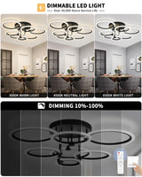 1pc 7 Rings Black and 1pc White Modern Ceiling Light Fixtures with Remote,31.8" 130W