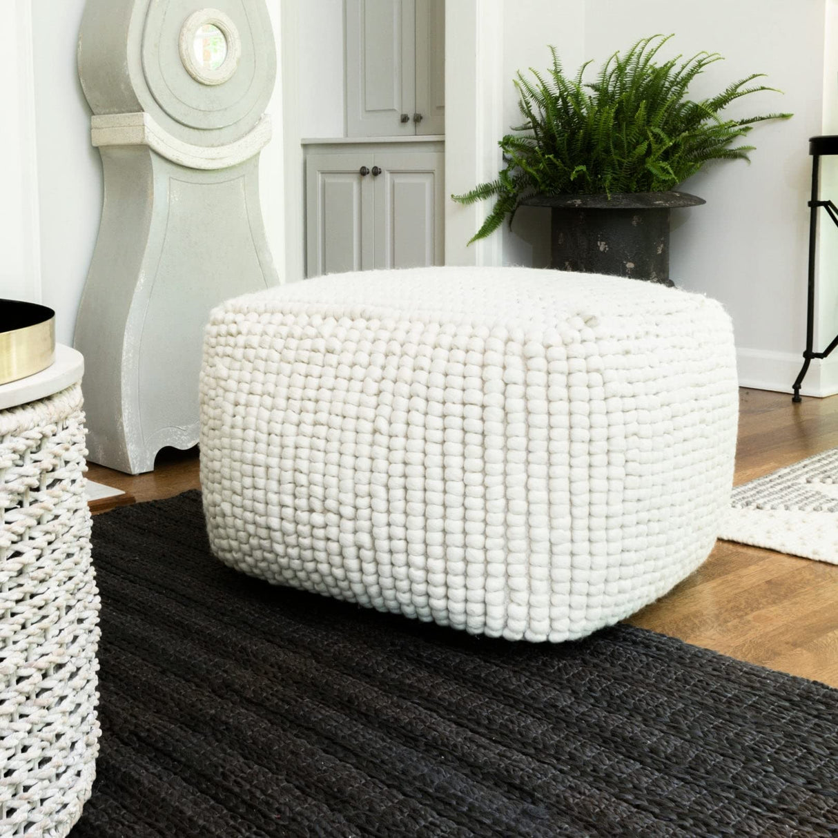 Square Wool Beige Pouf
