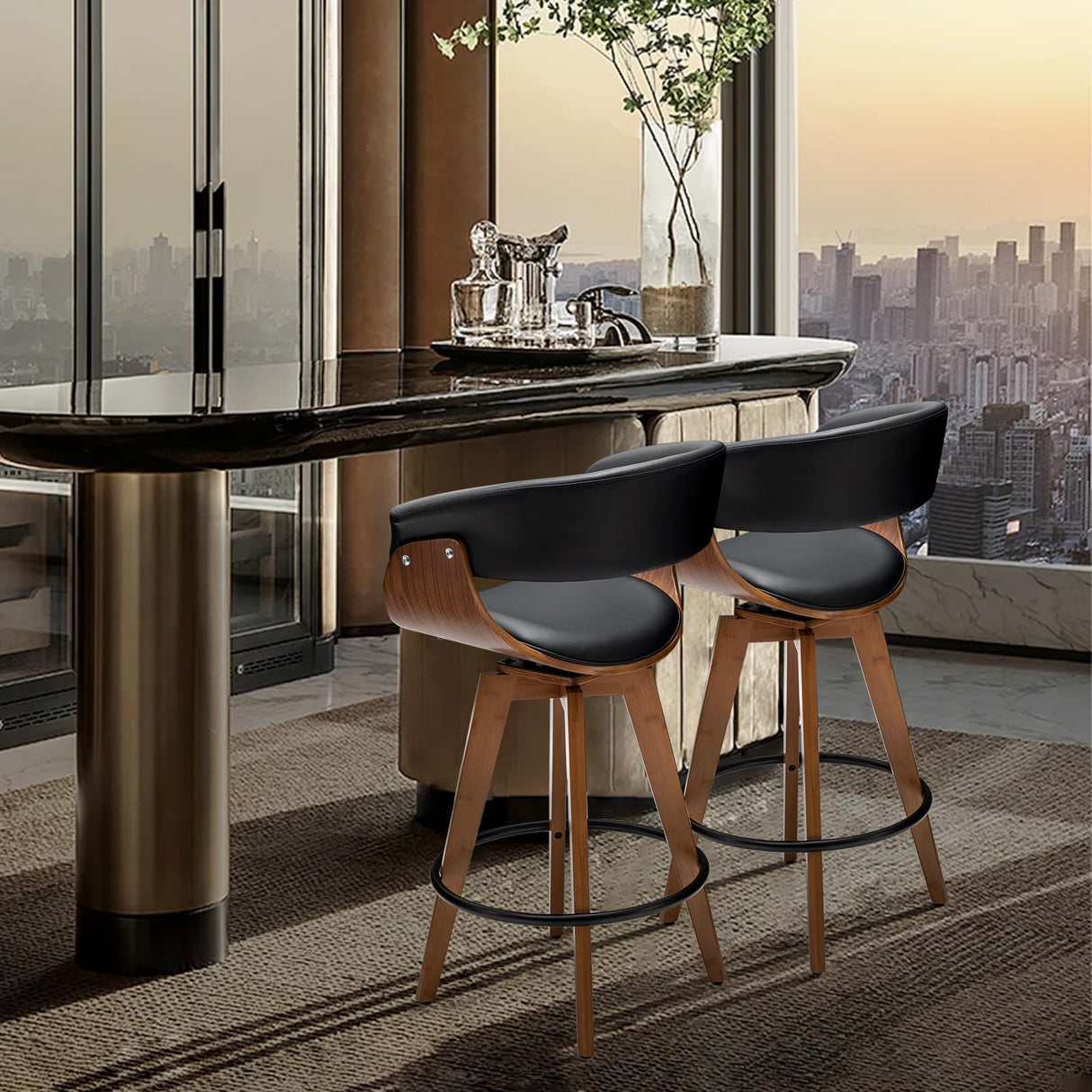 Faux Leather Bar Stools Set of 2,Counter Height Bar Stools,26 Inch Swivel Bar Stools