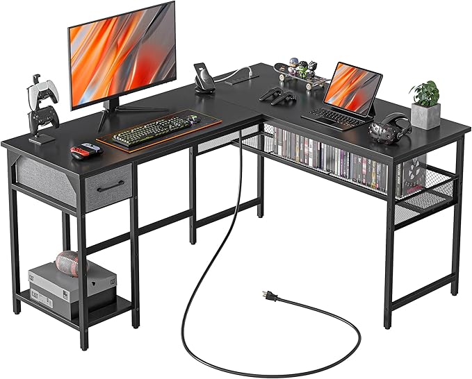 L Shaped Desk with Power Outlets, Computer Desk with Drawer, Reversible Corner Desk