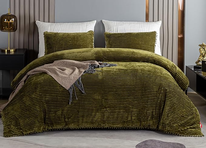 Olive Green Comforter Set Queen, 3pcs Reversible Boho Ball Pom Fringe Aesthetic Striped