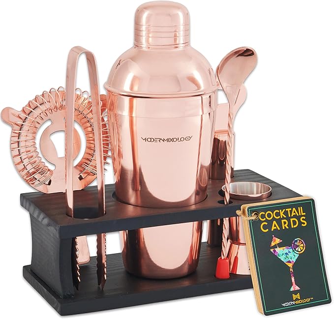 Mixology Bartender Kit - 8-Piece Gold Cocktail Shaker Set with Pine Wood Stand