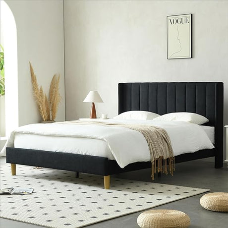 upholstered Platform Bed Frame/Queen Bed Frame/Modern Geometric Double-Wing