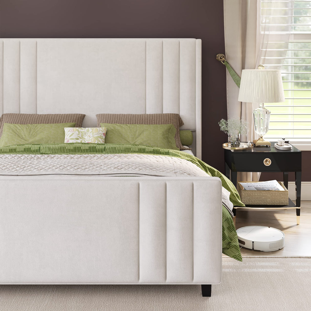 Velvet Upholstered Platform Bed with Vertical Channel Tufted Headboard