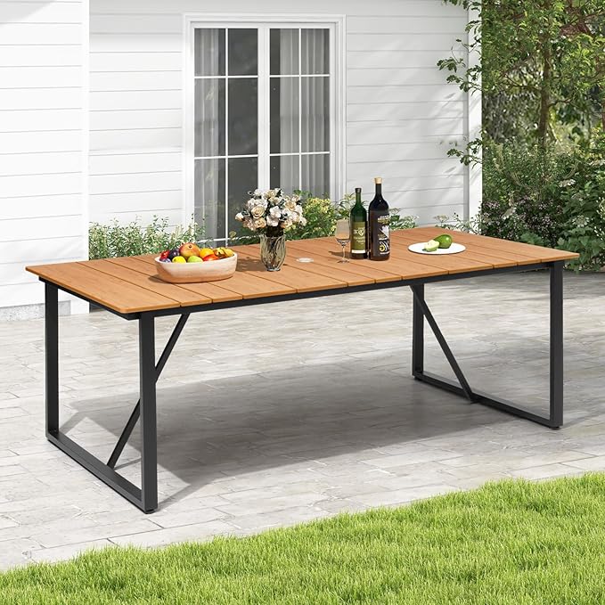 Patio Table with Umbrella Hole 83" Rectangle Indoor Outdoor Dining Table for 6-8 All Weather