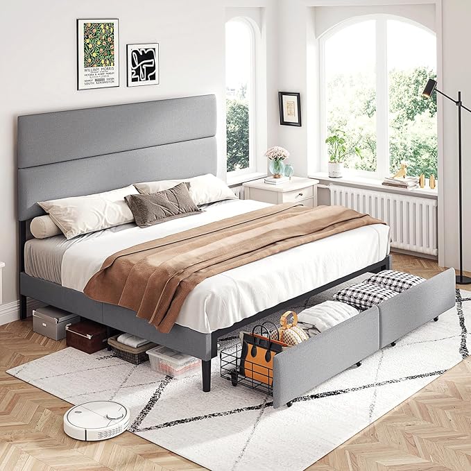 Yumpie Cream Upholstered Queen Bed Frame with Storage Drawers & Adjustable Headboard