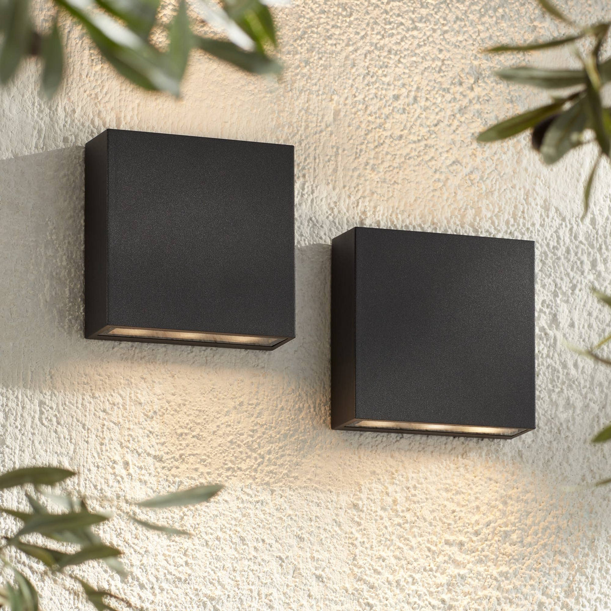 Possini Euro Design Stanford Modern Outdoor Wall Lights Set of 2 Black Metal LED Downlight 5 1/2" Tempered Glass for Exterior House Porch Patio Outside Deck Garage Yard Front Door Garden Home