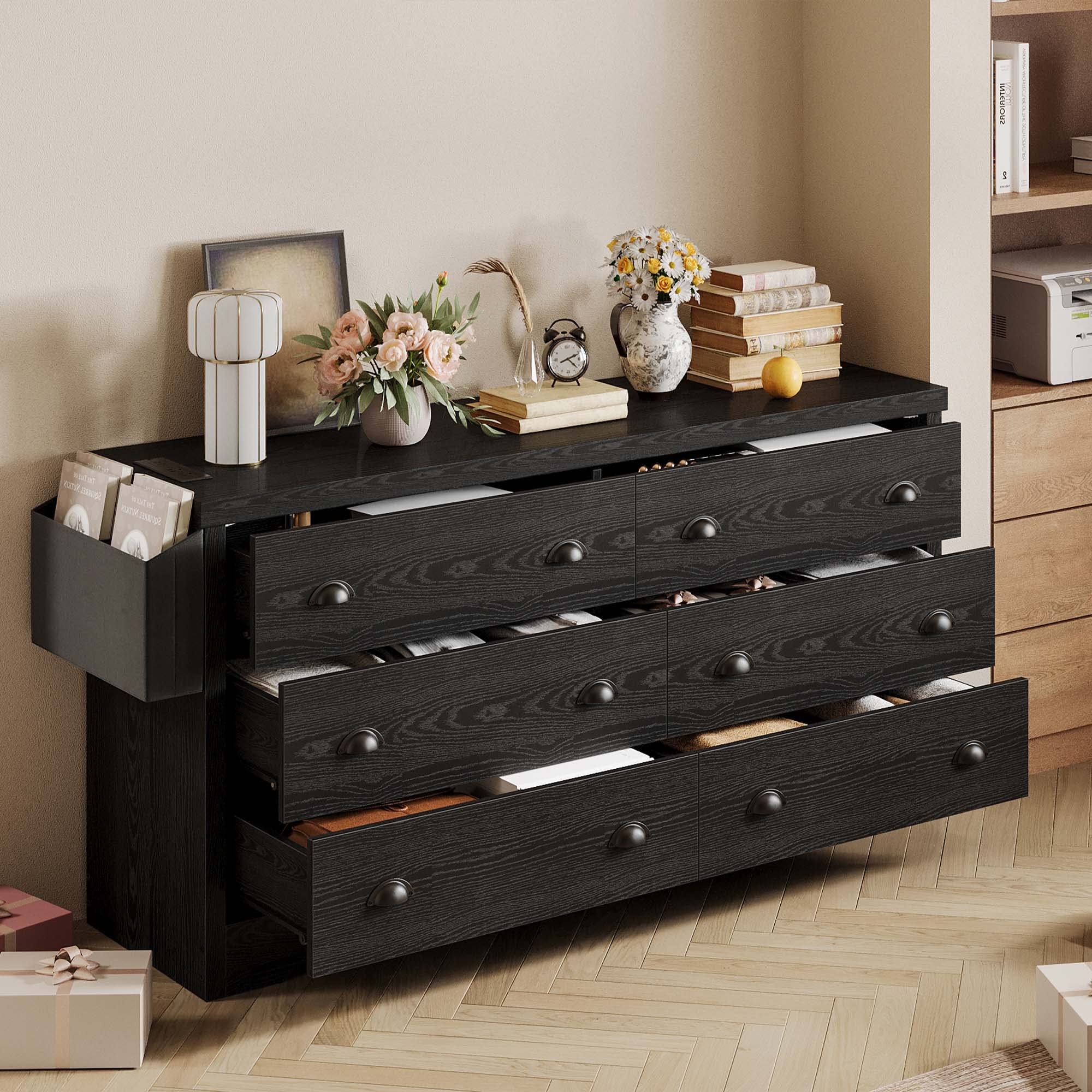 Dresser for Bedroom 6 Drawer with Charging Station, TV Stand Storage Chest of Drawers for Living Room Hallway Entryway, MDF Board, Black