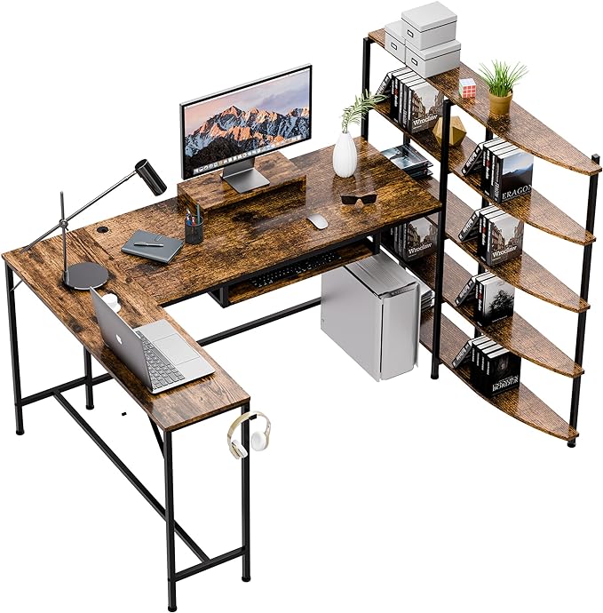 46" L Shaped Computer Desk with LED Lights & Monitor Stand, Reversible Gaming Desk