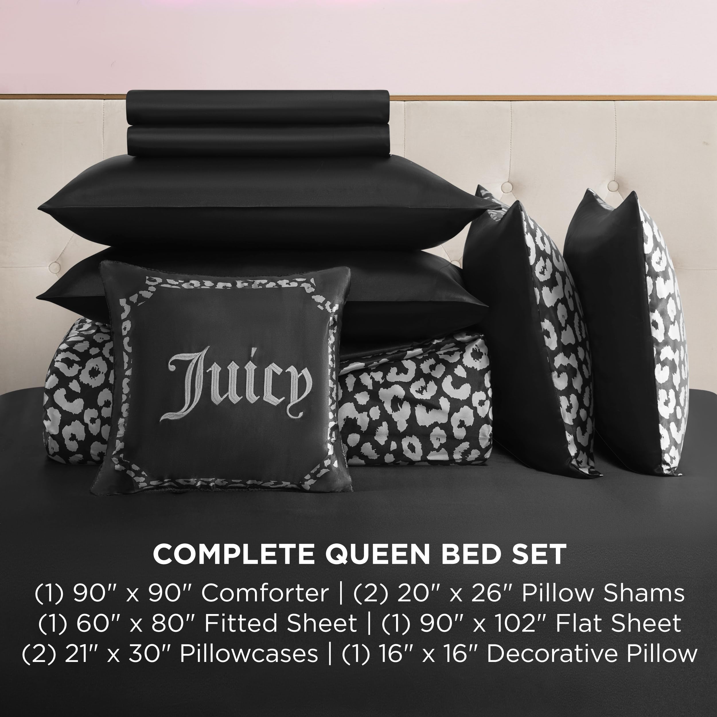 Black Leopard Satin Queen Comforter Set - 8-Piece Luxury Bedding