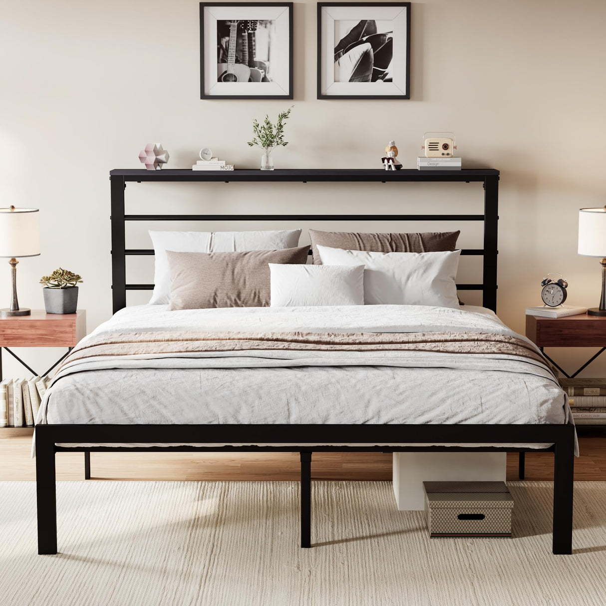 Full Size Bed Frame with Headboard Shelf and Strong Metal Foundation