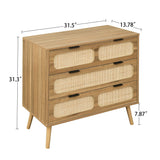 3 Drawer Dresser, Modern Rattan Dresser Chest with Wide Drawers and Metal Handles