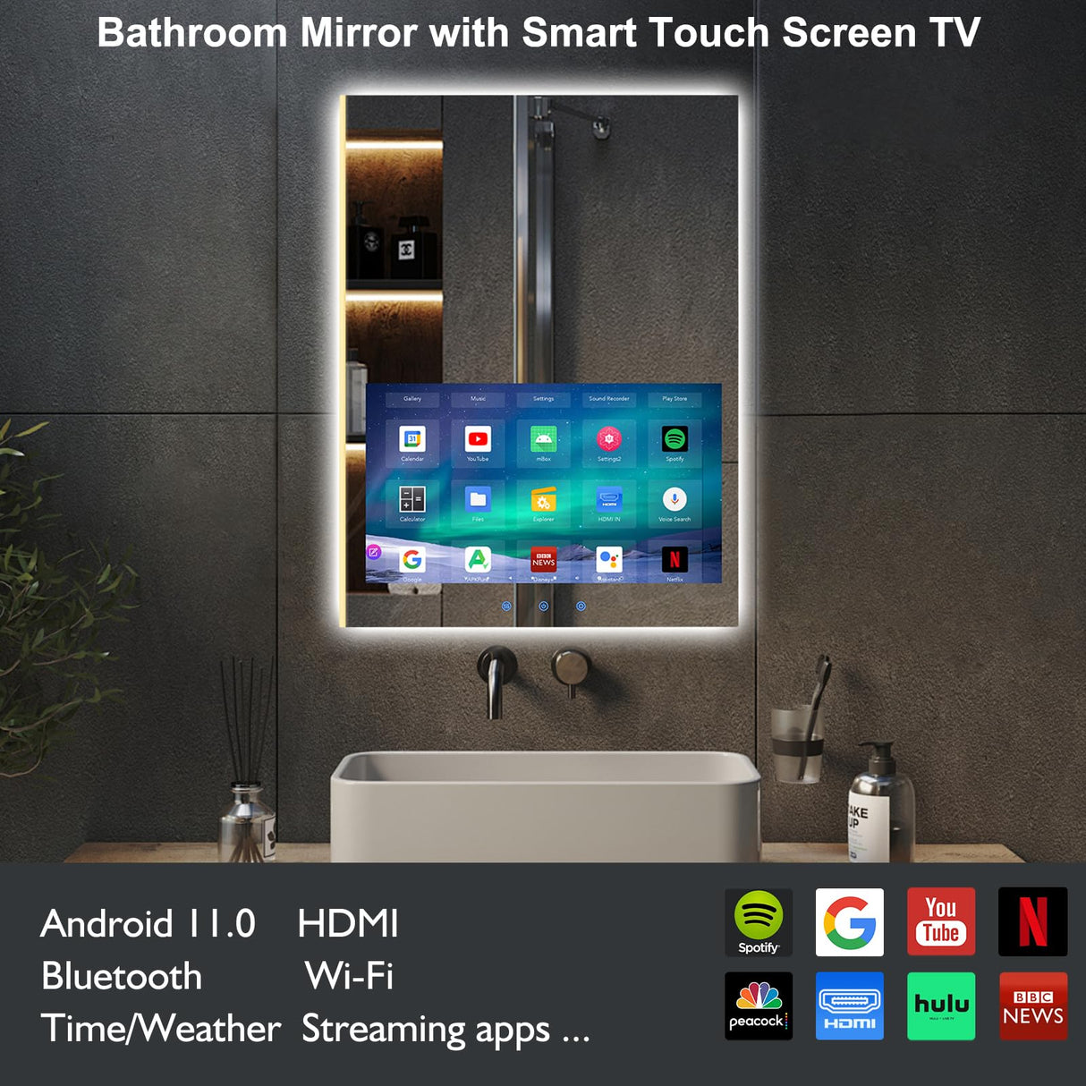 24x32 Inch Smart Bathroom Vanity Mirror with Touch Screen & LED Lighting