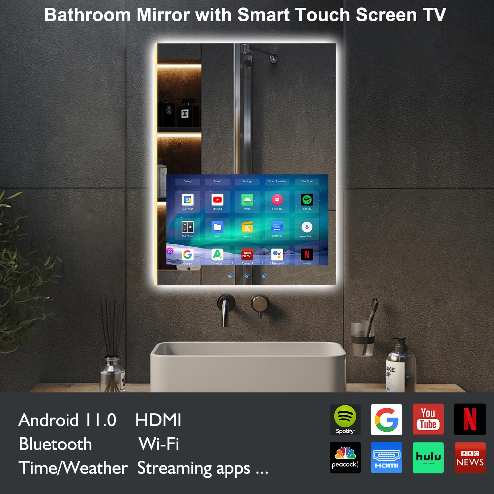 24x32 Inch Smart Bathroom Vanity Mirror with Touch Screen & LED Lighting