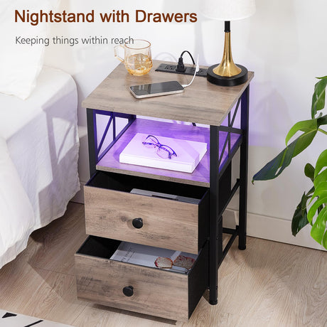 Night Stand Set 2, LED Nightstands for Bedroom Set of 2 with Fast Charging Station