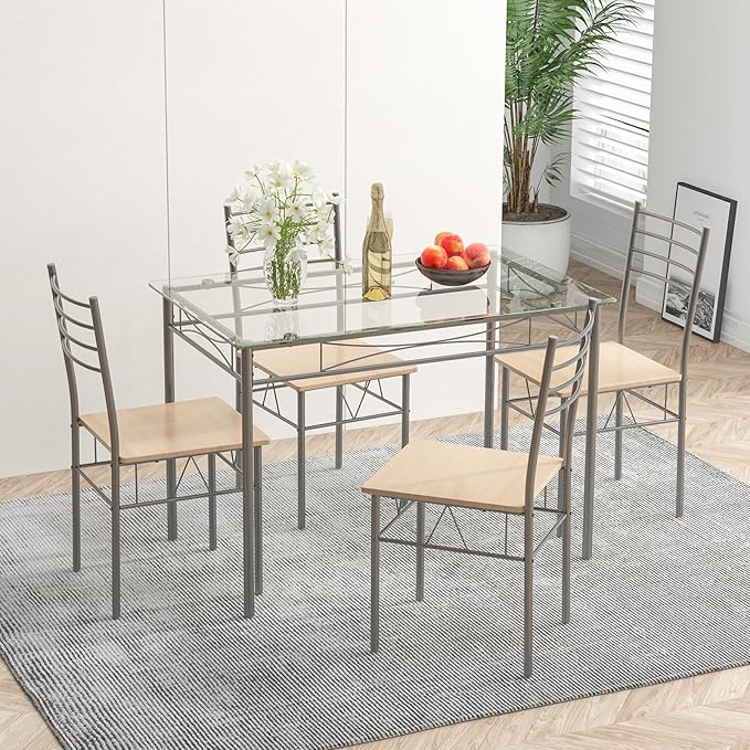 5 Pieces Dining Set 4 Person Home Kitchen Glass Top Table and Chairs Breakfast