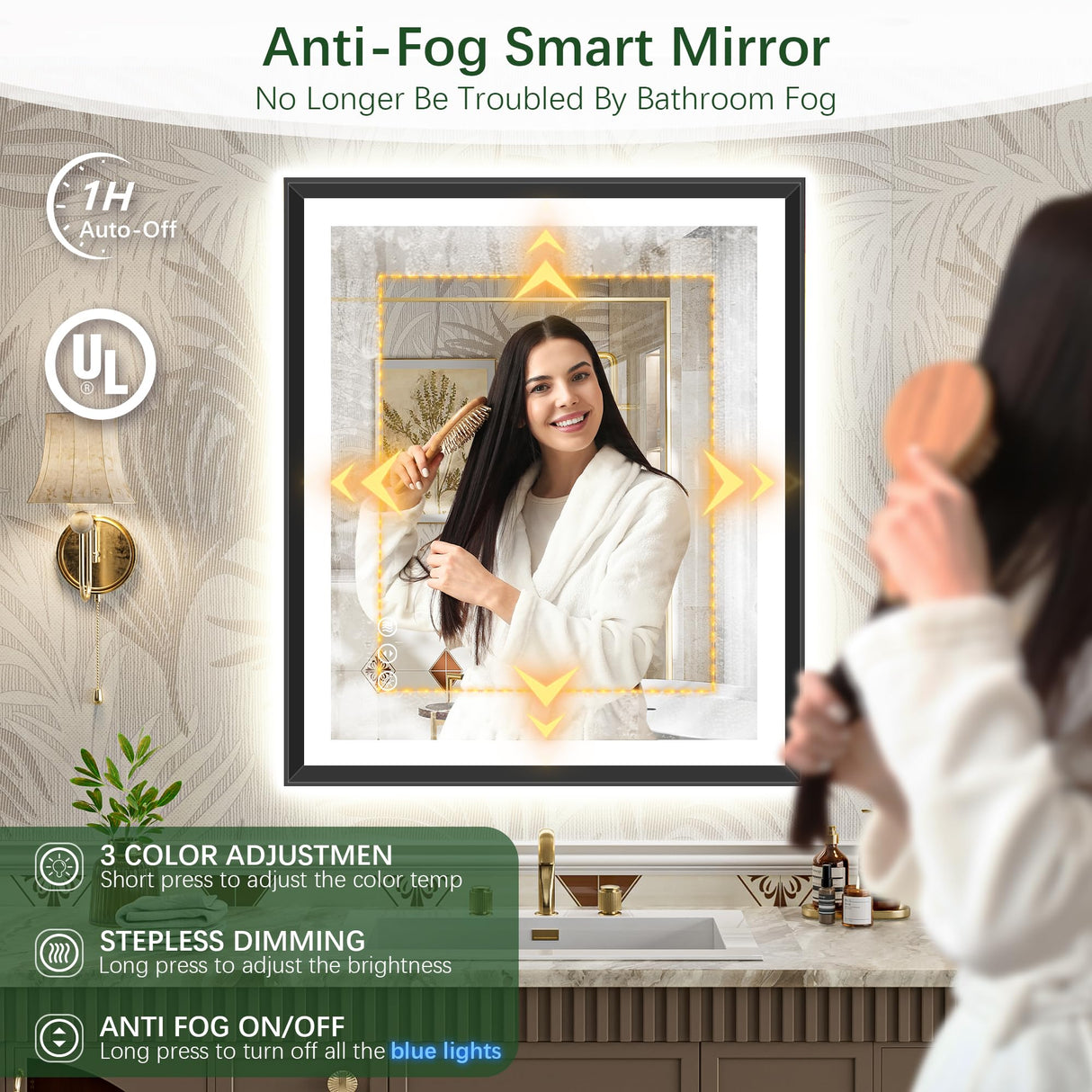 30x36 Black Framed LED Bathroom Mirror - Dimmable with Anti-Fog