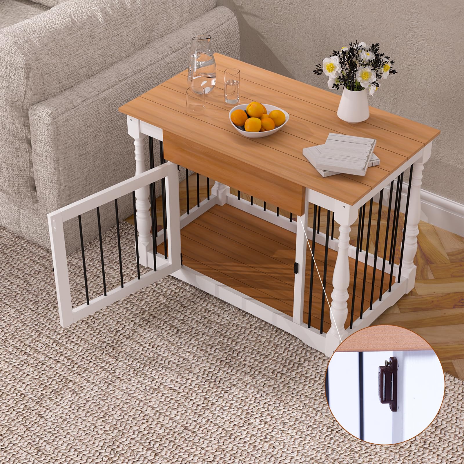 White Solid Wood Dog Crate for Small and Medium Dogs - Roman Column Shaped Kennel