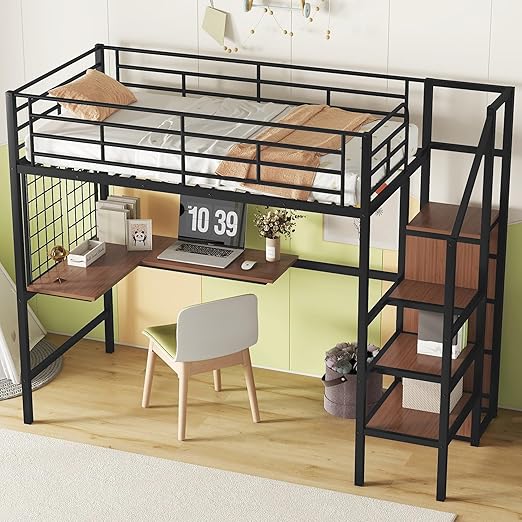Twin Loft Bed with Stairs, Roof, Window and Full-Length Guardrail, House Loft Bed/Heavy
