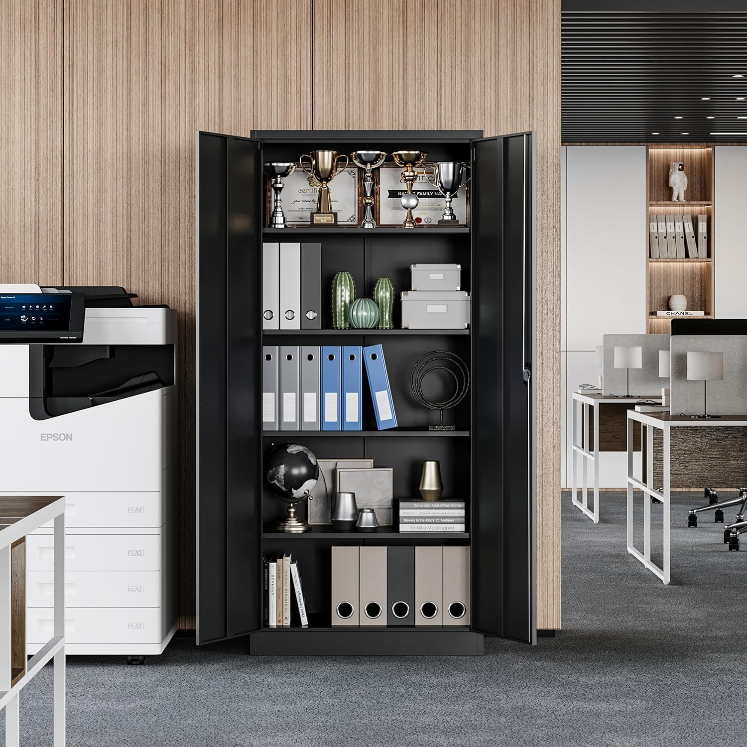 Metal Storage Cabinet with 5 Adjustable Shelves, Pantry Cabinet with 2 doors