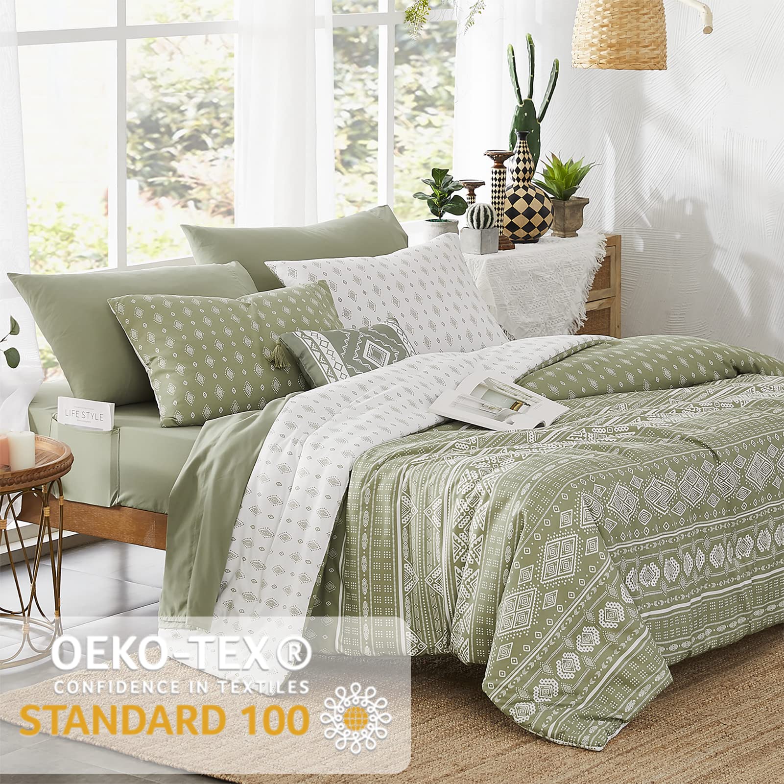 Geniospin Olive Green Queen Comforter Set 8 Piece, Reversible Boho Comforters Queen, All Season Comfortable Bedding Set