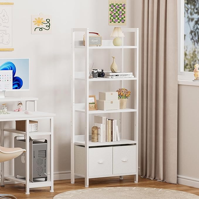 5 Tier Bookshelf with Drawers, White Tall Bookcase with Shelves, Wood and Metal Book Shelf Storage Organizer, Modern Display Free Standing Shelf Unit for Bedroom, Living Room, Office