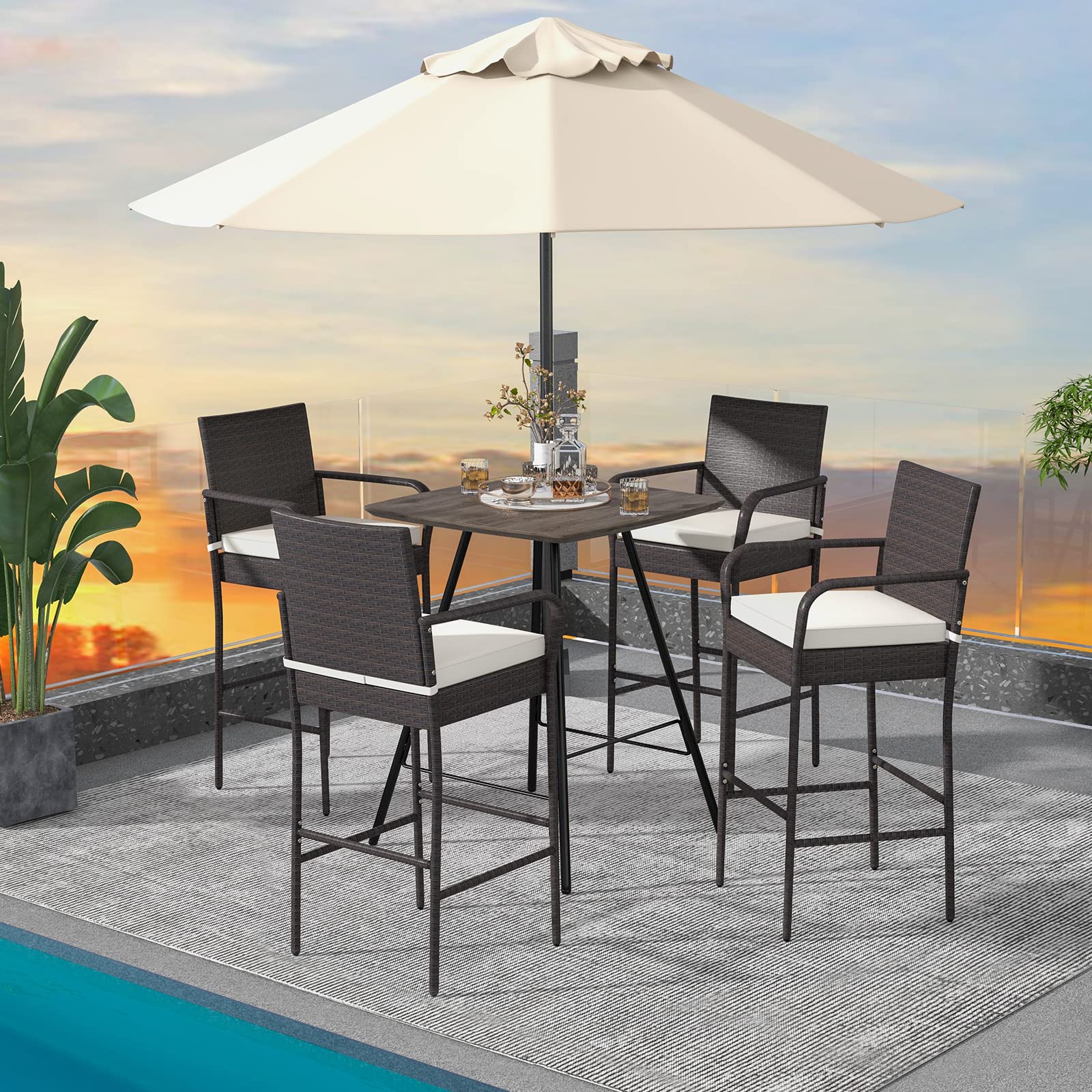 Patio Wicker Barstools Set of 2, Outdoor PE Rattan Bar Chairs with Armrests & Soft Cushiontables