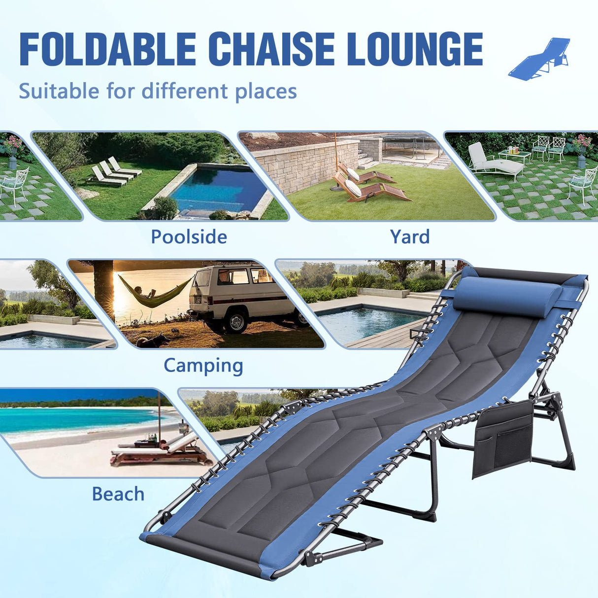 Fold Padded Portable Folding Outdoor Chaise Lounge Heavy Duty Reclining Chair