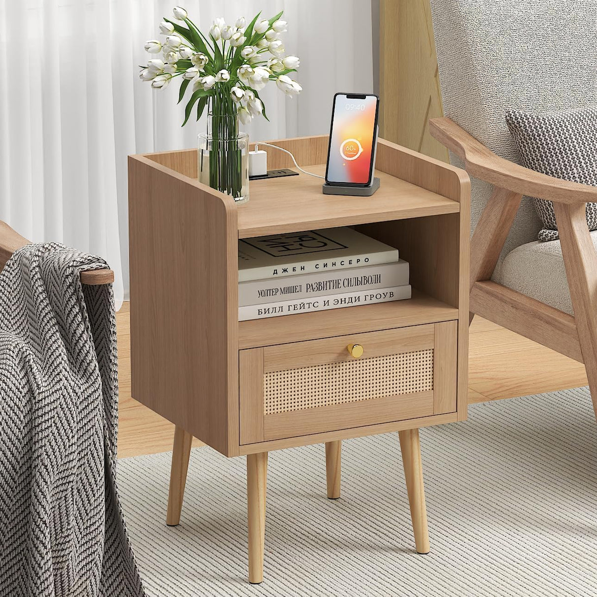 Night Stand Set of 2, Bedside Tables with Charging Station, Rattan End Tables, Boho Bed Side Tables, Wood Nightstands Set of 2 for Farmhouse Bedroom Living Room Dorm Sofa Couch Office Corner