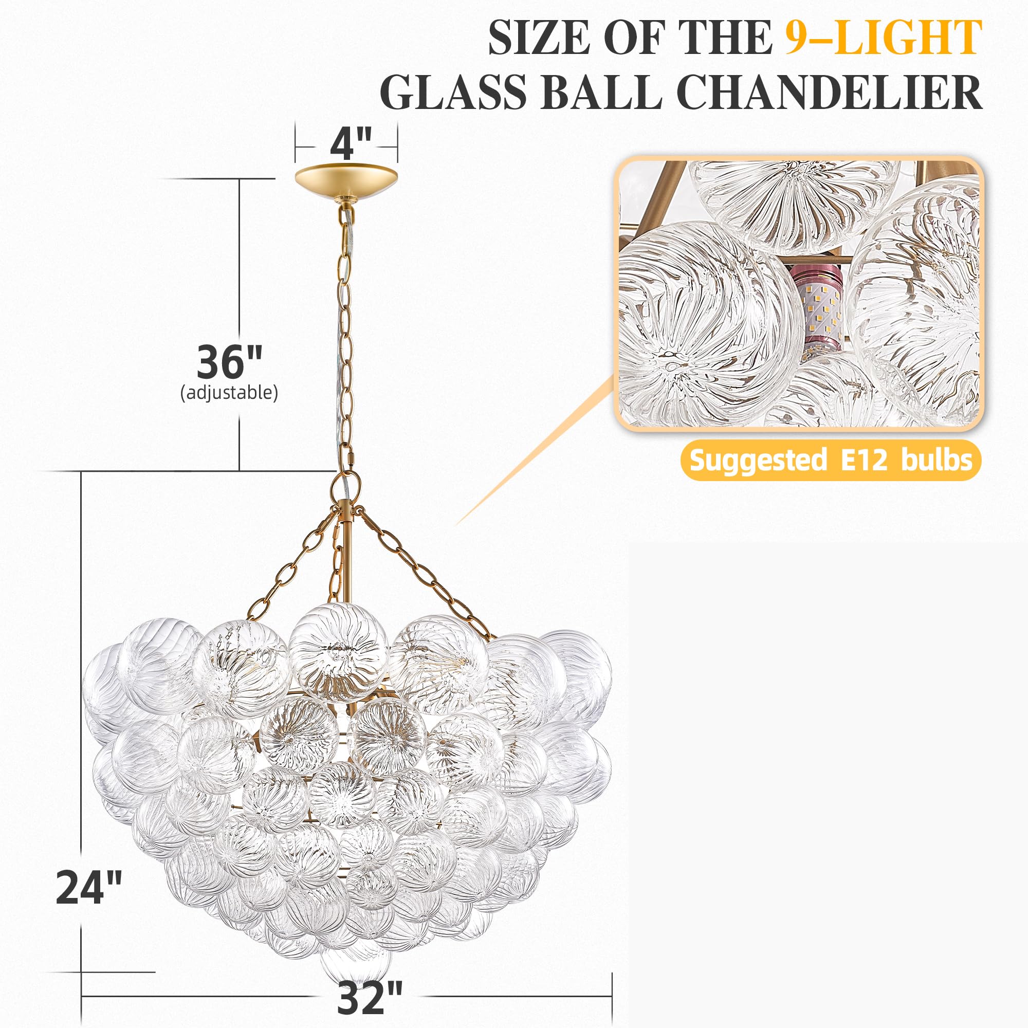 Nordic Bubble Ball Swirled Glass Chandelier, Dia 32" Gild Gold and Clear Modern Hand