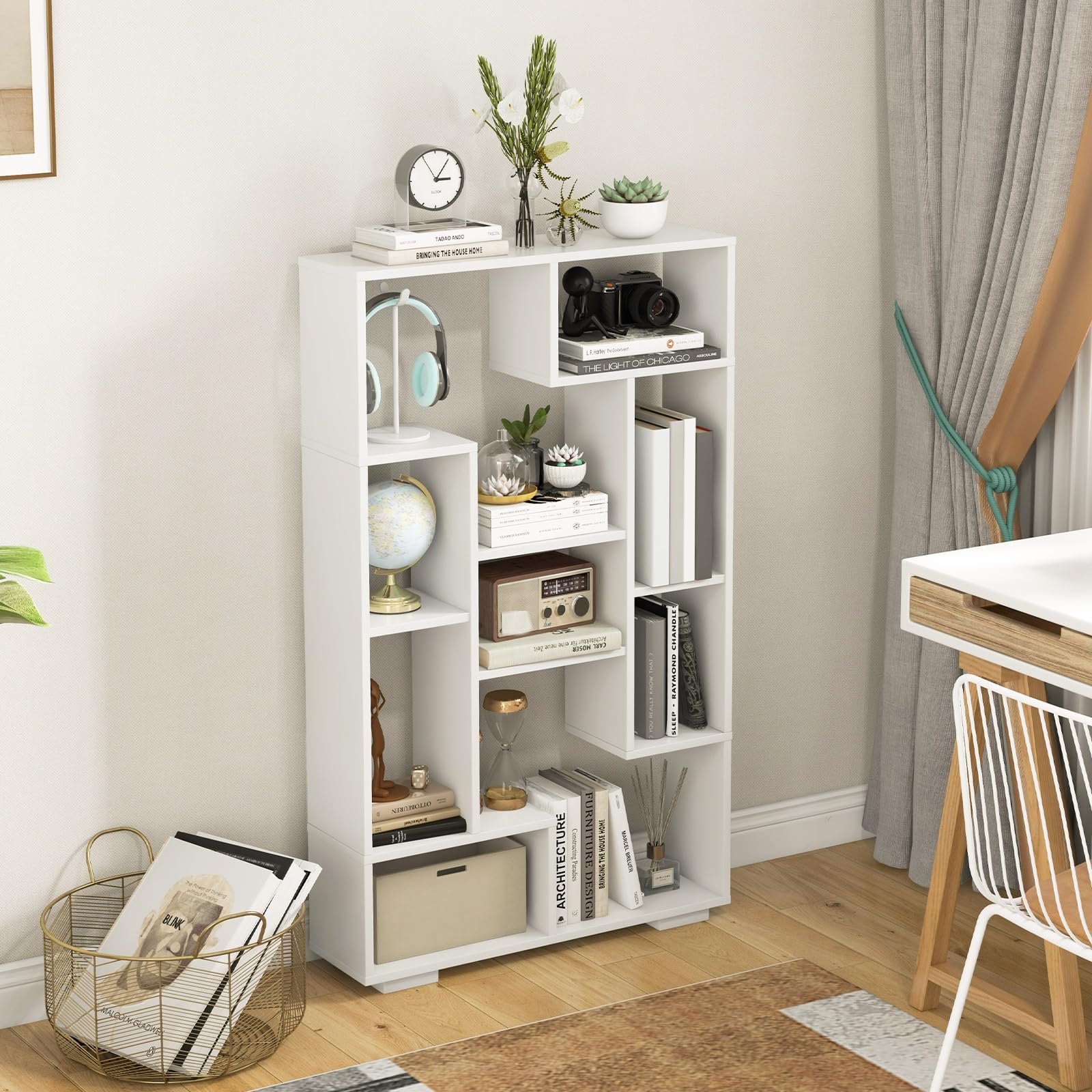47" Bookshelf Set of 2, Modern Wooden Geometric Bookcase with Open Shelves, Anti-Tipping Kits, Wood Book Case Shelf, Open Cube Storage Organizer Display Rack for Living Room, White