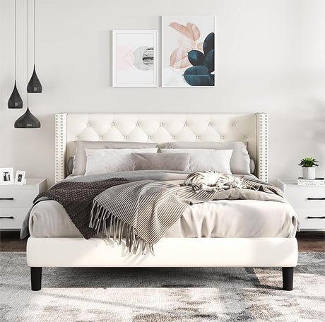 Full Size Bed Frame with Wingback Headboard Upholstered Platform Beds Beige