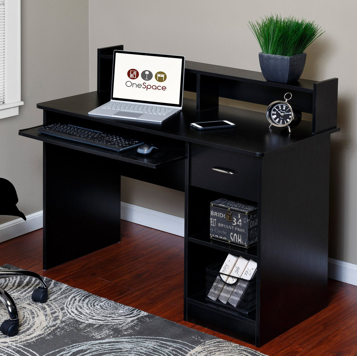 Essential Computer Desk, Hutch with Pull-Out Keyboard, Black