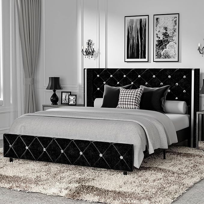 Full Size Bed Frame, Upholstered Bed Frame with Diamond Headboard,