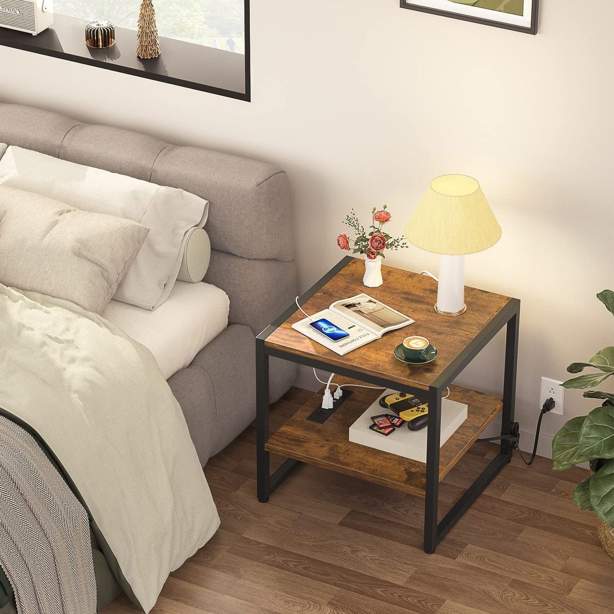 End Table with Charging Station, 20 Inch Square Side Table with USB Ports & Power Outlets