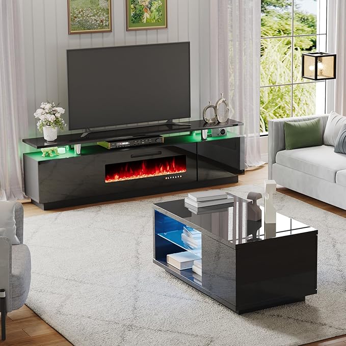 Modern High Gloss Living Room Table Sets of 3, Include 80" 2-Tier Fireplace TV Stand