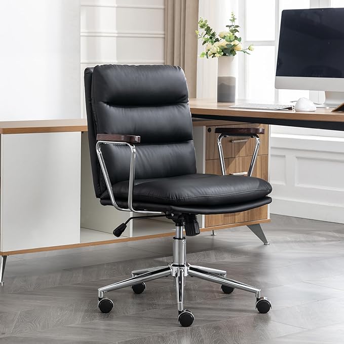 Leather Office Chair, Modern Desk Chair with Removable Wooden Armrests