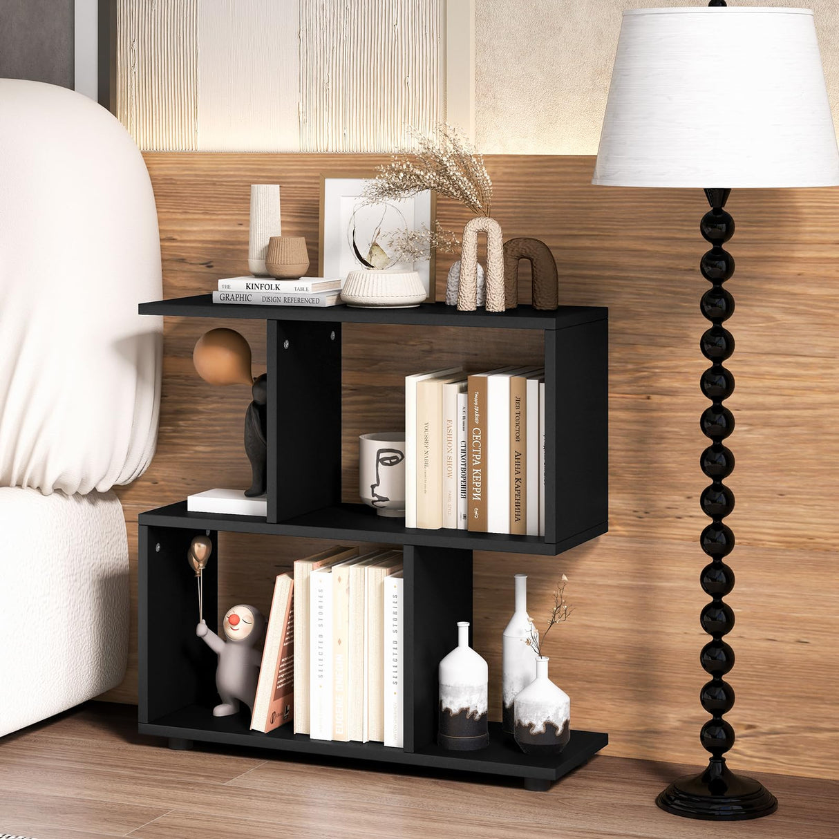 3-Tier Geometric Bookshelf, 24" Tall Wood S-Shaped Display Shelves with Thick Foot Pads, Freestanding Open Shelves Nightstand, Floor Standing Display Shelf Bookcase, Black