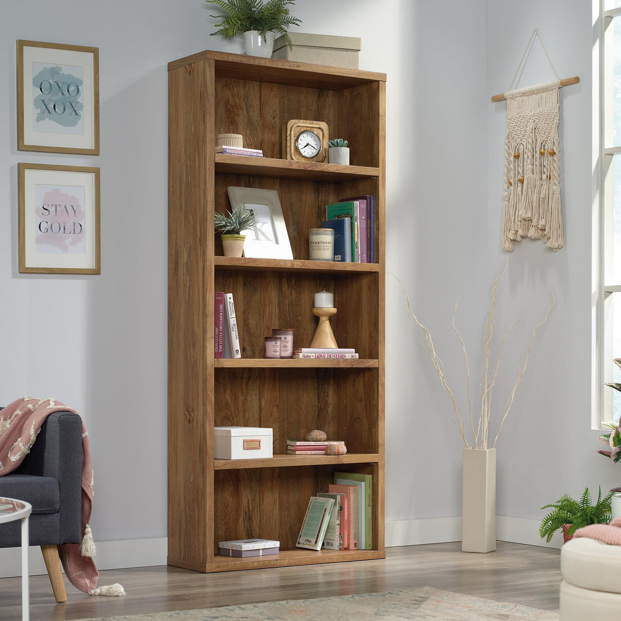 Sauder Miscellaneous Storage 5-Shelf Wood Bookcase, Sindoori Mango Finish