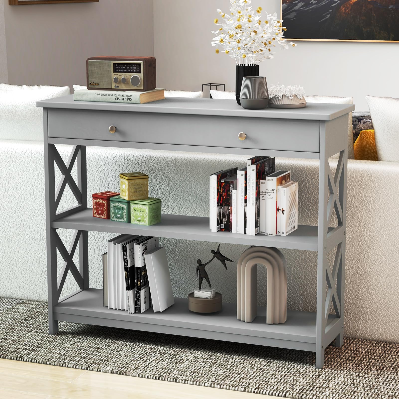 3-Tier Console Table, Wooden Sofa Tables Narrow Long with Large Drawer & 2 Open