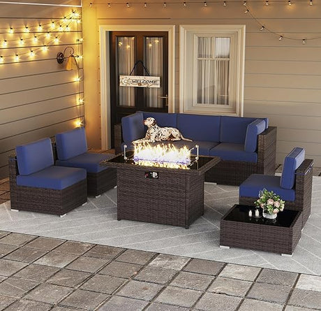 8 Pieces Outdoor Patio Furniture Set with 44" Fire Pit Table Brown Rattan