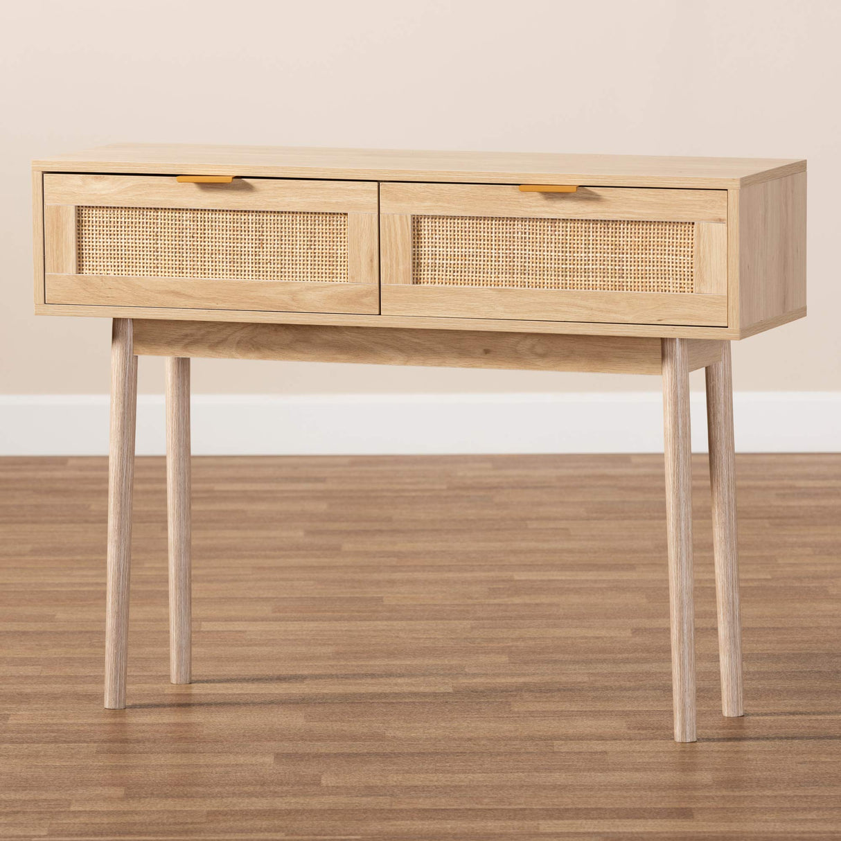 Baird Mid-Century Modern Light Oak Brown Finished Wood and Rattan 2-Drawer Console