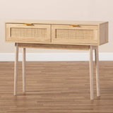 Baird Mid-Century Modern Light Oak Brown Finished Wood and Rattan 2-Drawer Console