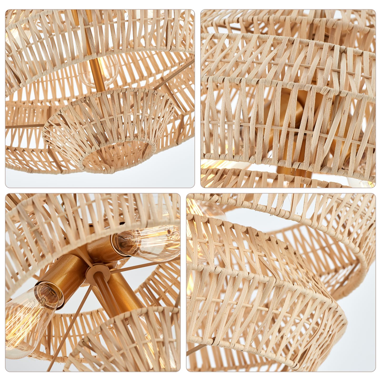 22” Hand Woven Rattan Chandelier 5 Round Adjustable Boho Pendant Light Farmhouse